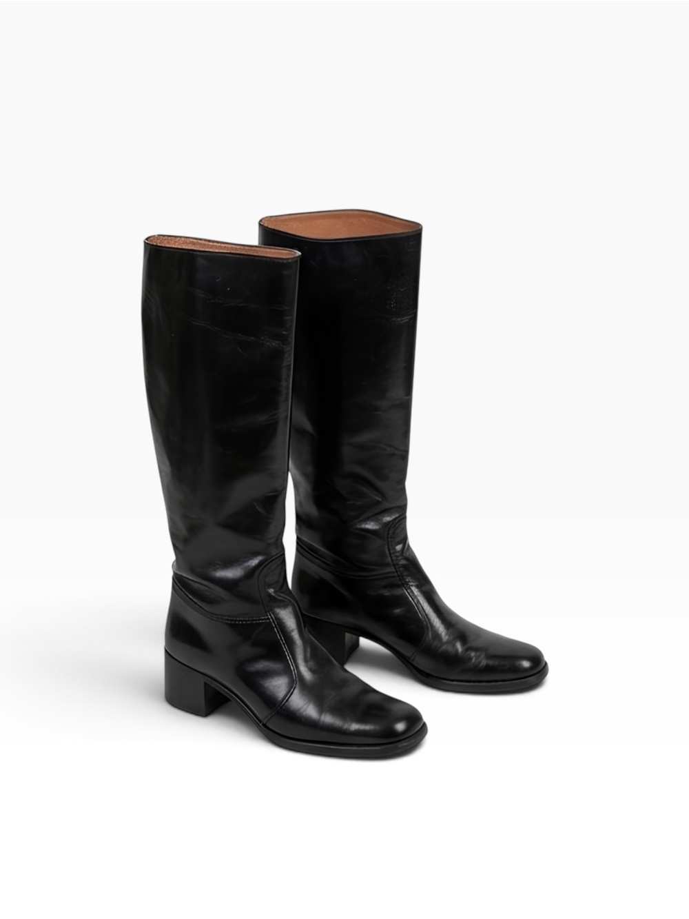 Black Leather Knee-High Block Heel Go-Go Riding Boots - 10B